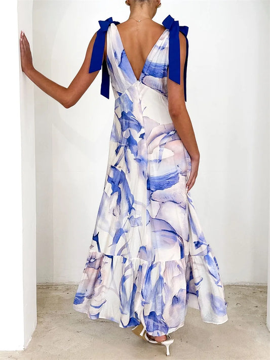 Elegant Floral Print Sleeveless V Neck Maxi Dress with Open Back and Spaghetti Straps for Women s Summer Fashion