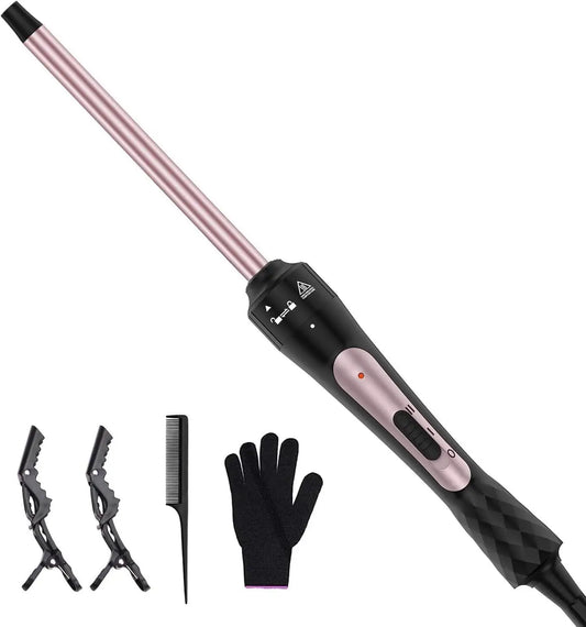 3/8 Inch Tourmaline Ceramic Curling Wand, Small Curling Iron for Short & Long Hair, 30S Instant Heat Up, 2 Temperature Settings,