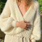 Women s Cozy Knit Sweater Long Puff Sleeve Open Front Solid Color Cardigan Winter Jacket with Faux Fur Trim