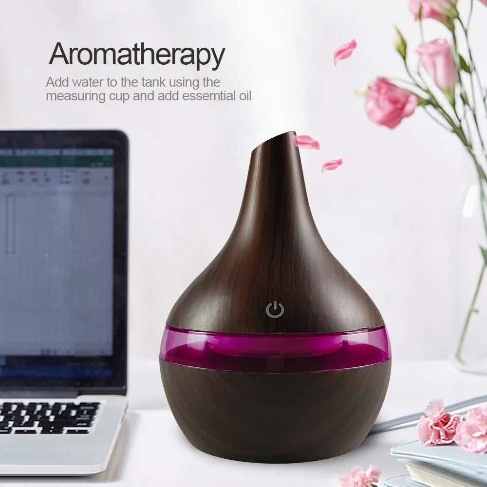 300ml Wood Grain Humidifier & Essential Oil Diffuser  USB Powered with 2 Aroma Oils