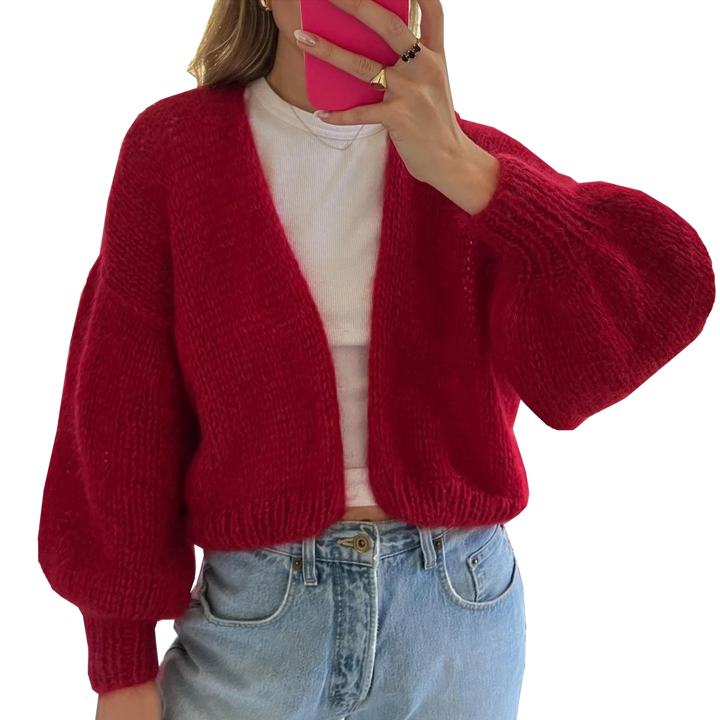 Women s Cozy Knit Sweater Long Puff Sleeve Open Front Solid Color Cardigan Winter Jacket with Faux Fur Trim