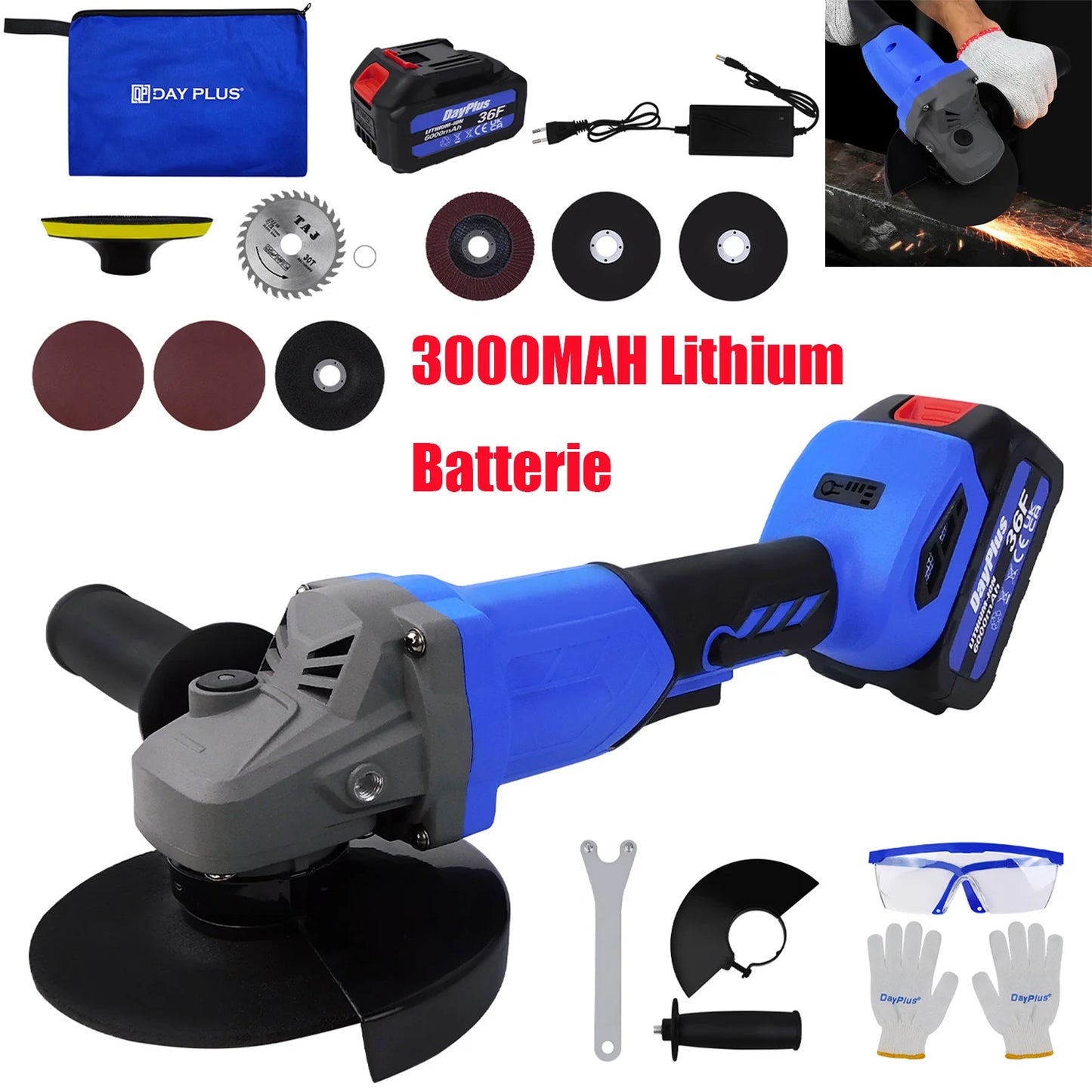 DayPlus 21V Brushless Cordless 115mm Angle Grinder,10000rpm,3.0Ah Lithium-ion Battery&Charger,3 Modes Speed,Cutting &Grinding