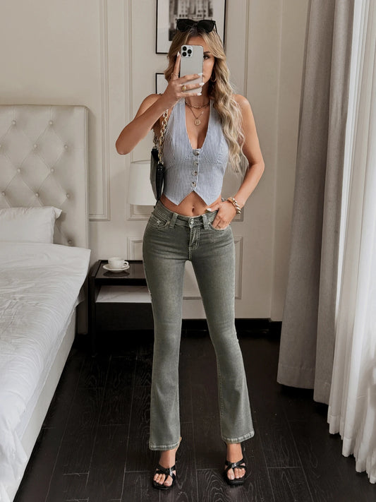 High Waist Plus Size Grey Denim Pants Stretch Fit Jeans for Full Figured Women Body Sculpting Flare Cut Clothing