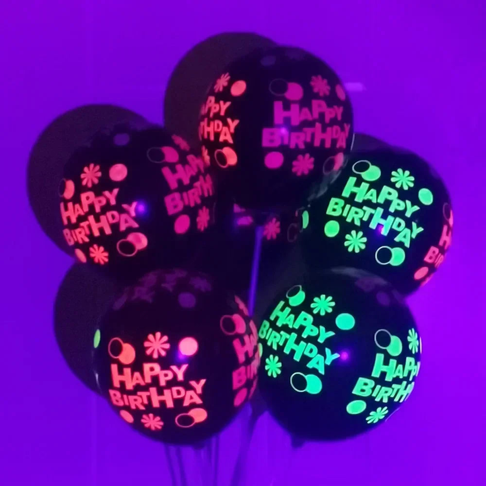 Happy Birthday Neon Glow Balloons Glow in Blacklight Fluorescent Balloons for Neon Birthday Glow 80s 90s Theme Party Decor