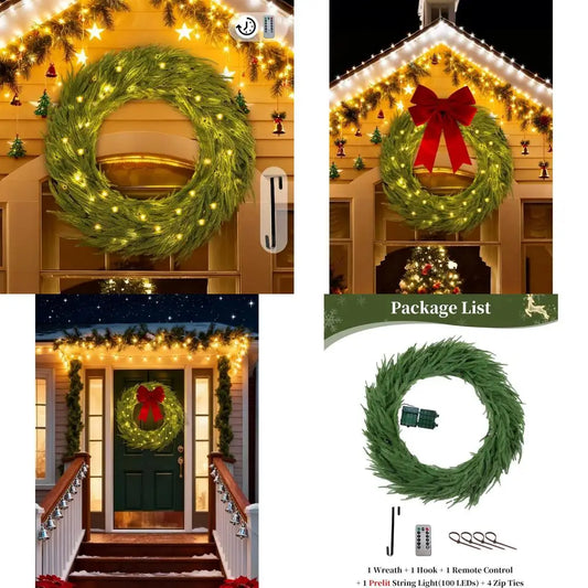 Prelit Outdoor Christmas Wreath - 36 Inch Norfolk Pine with 100 LED Lights, Timer and Remote Control, Suitable for Hanger Use