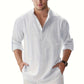 Men's Linen Stand Collar Long Sleeve T-Shirt Loose Fit; Solid Color Long Sleeve Cotton Linen Shirt