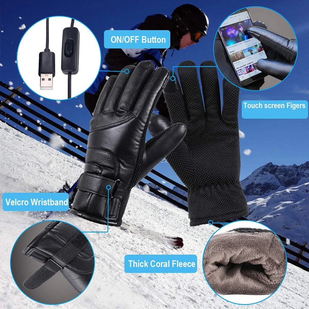 Leather Thermal Heated Gloves Waterproof Outdoor Cycling Thermal Bike Gloves Touchscreen Hand Warmer for Hiking Skiing Fishing