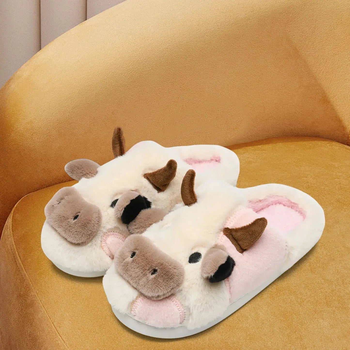 Fuzzy Cow Slippers for Women & Men, Couple's Warm Cartoon Cow Animals Slippers, Winter Cozy Fluffy Plush Slip On House Slippers