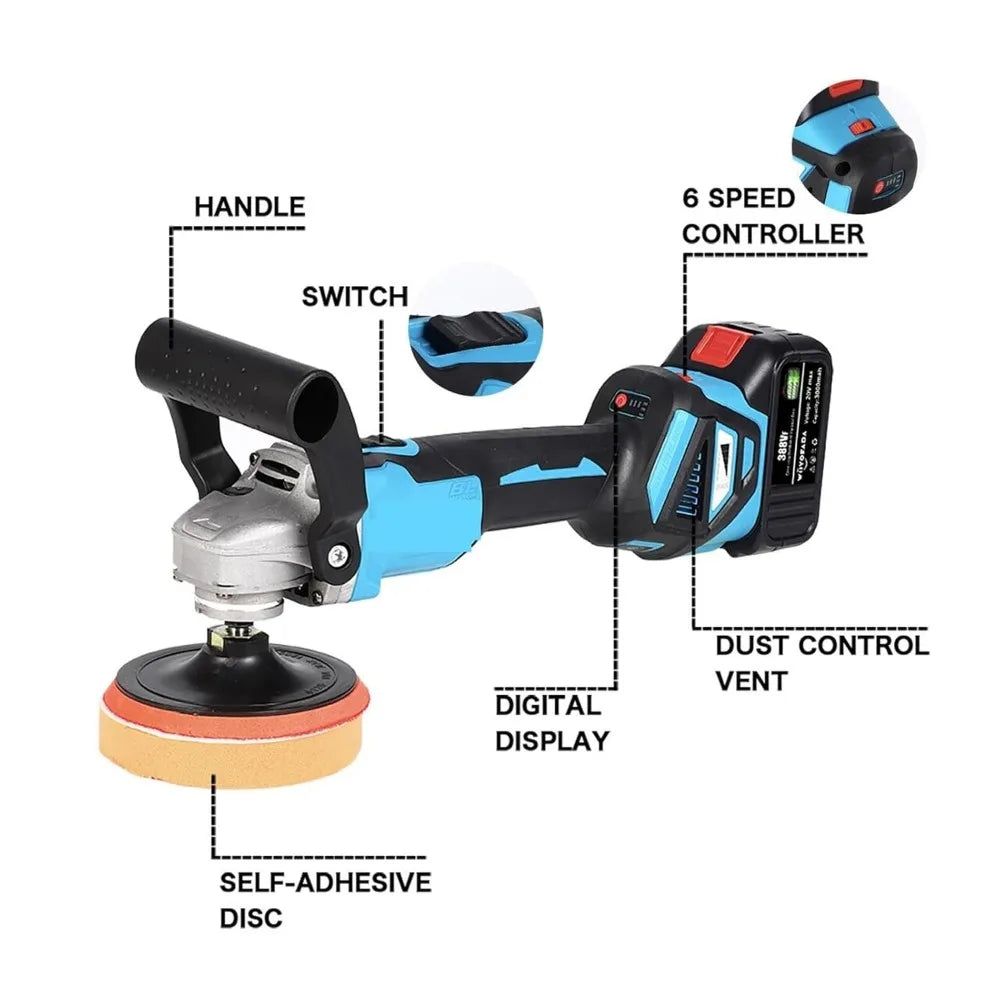 Brushless Angle Grinder 1600W Variable Speed Car Polisher for 18V Battery - Wet Polishing and Waxing Machine with Two Batteries