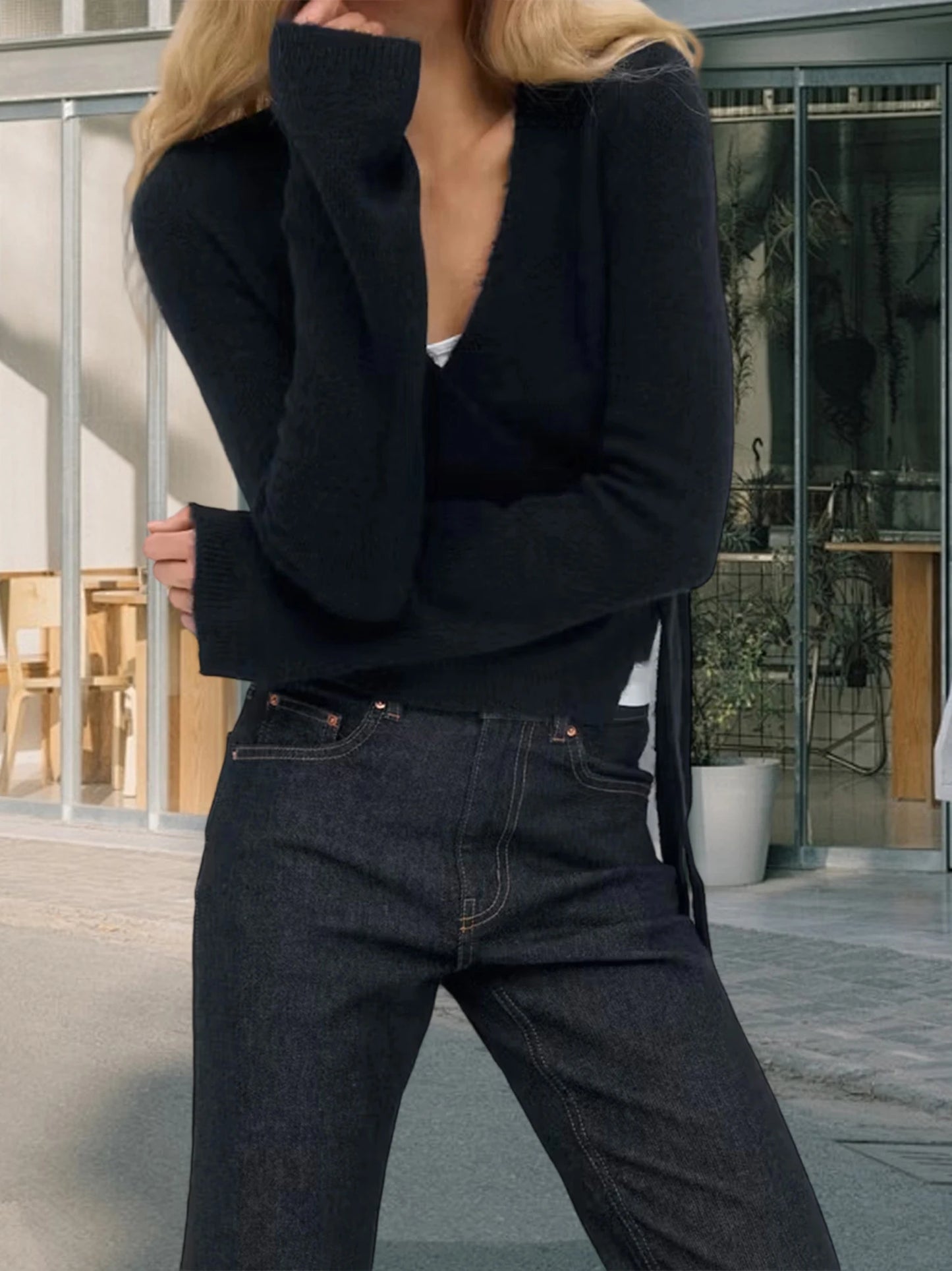 Women s V Neck Tie Front Wrap Cardigan Long Sleeve Crop Knit Sweater Casual Fall Clothes Solid Color Stylish Top