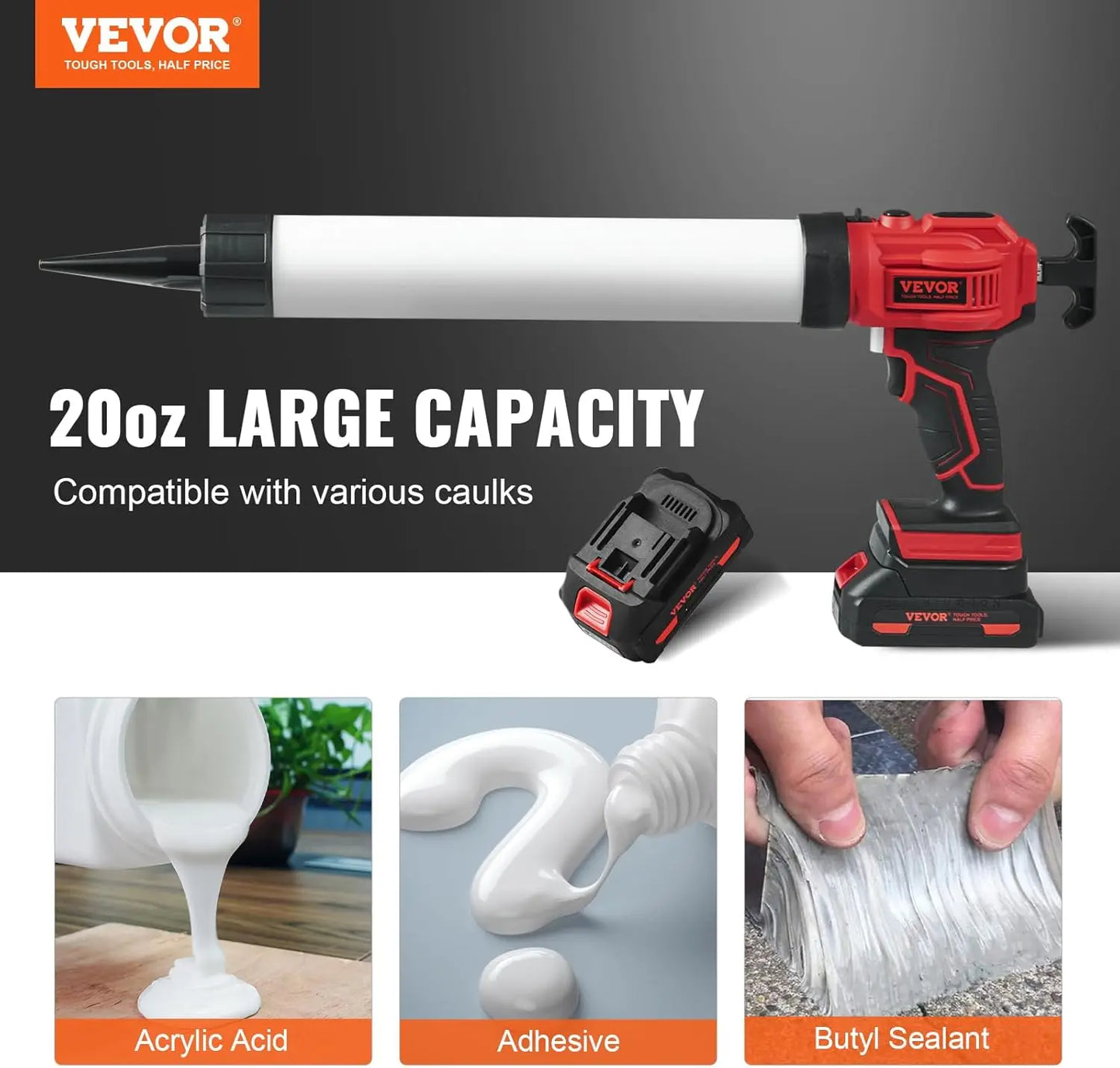 Cordless Caulking Gun 20oz/600ml, 20V Electric Sausage Caulking Gun with 4 Adjustable Speeds, Anti-Drip Battery Powered Caulk