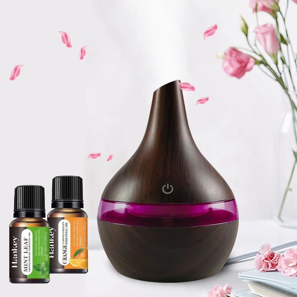 300ml Wood Grain Humidifier & Essential Oil Diffuser  USB Powered with 2 Aroma Oils