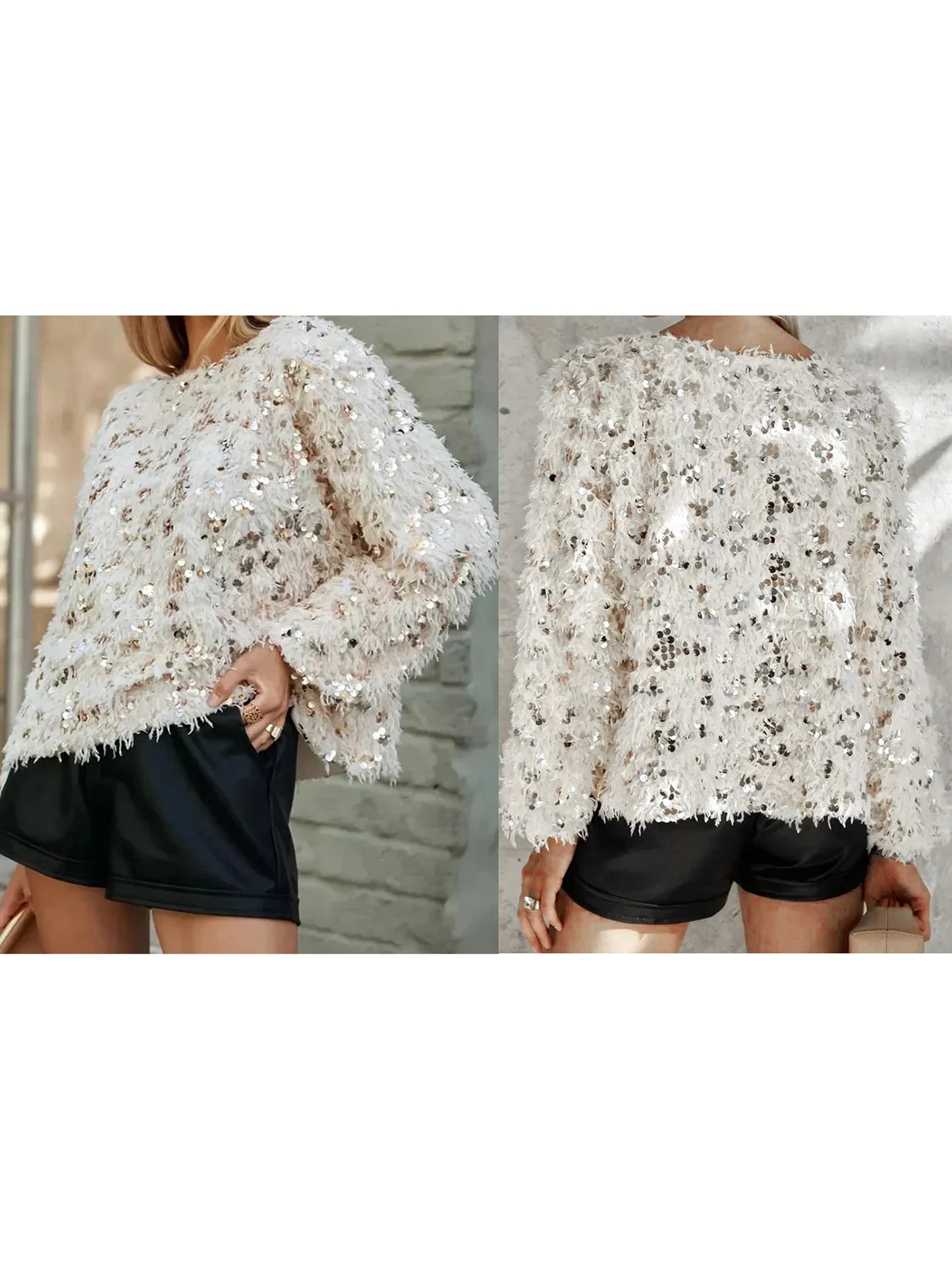 Women s Sparkly Sequin Sweater with Feather Tassel Detailing Cozy Crew Neck Long Sleeve Pullover for Stylish Winter and Fall