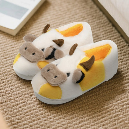 Fuzzy Cow Slippers for Women & Men, Couple's Warm Cartoon Cow Animals Slippers, Winter Cozy Fluffy Plush Slip On House Slippers
