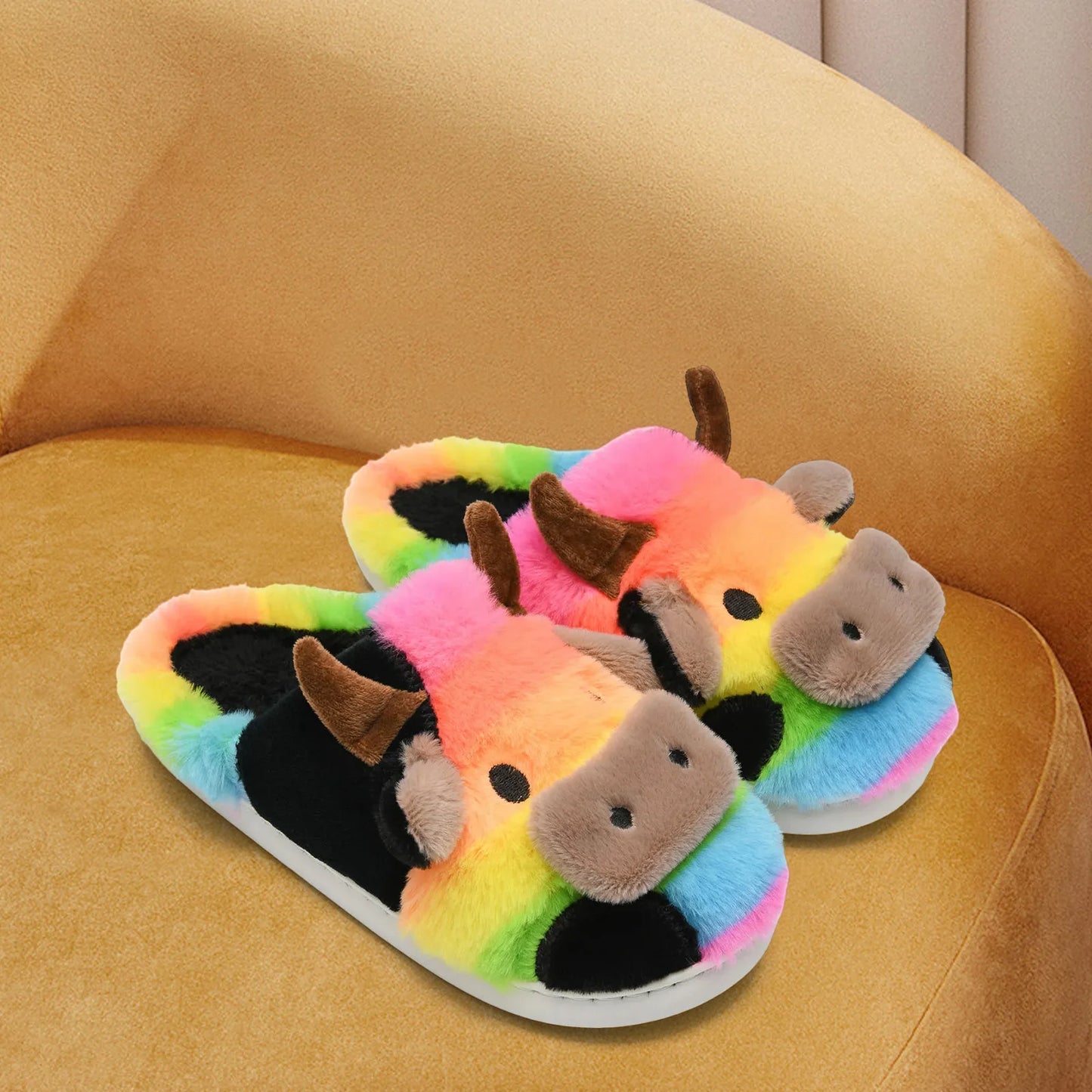 Fuzzy Cow Slippers for Women & Men, Couple's Warm Cartoon Cow Animals Slippers, Winter Cozy Fluffy Plush Slip On House Slippers