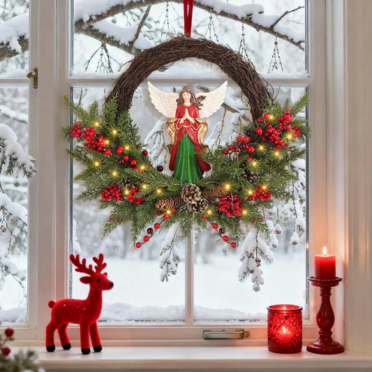 24 Inch Christmas Wreath with Lights Battery Operated  Christmas Angel Wreath with Berries, 30 LED Pre-Lit Holiday Door Wreath f