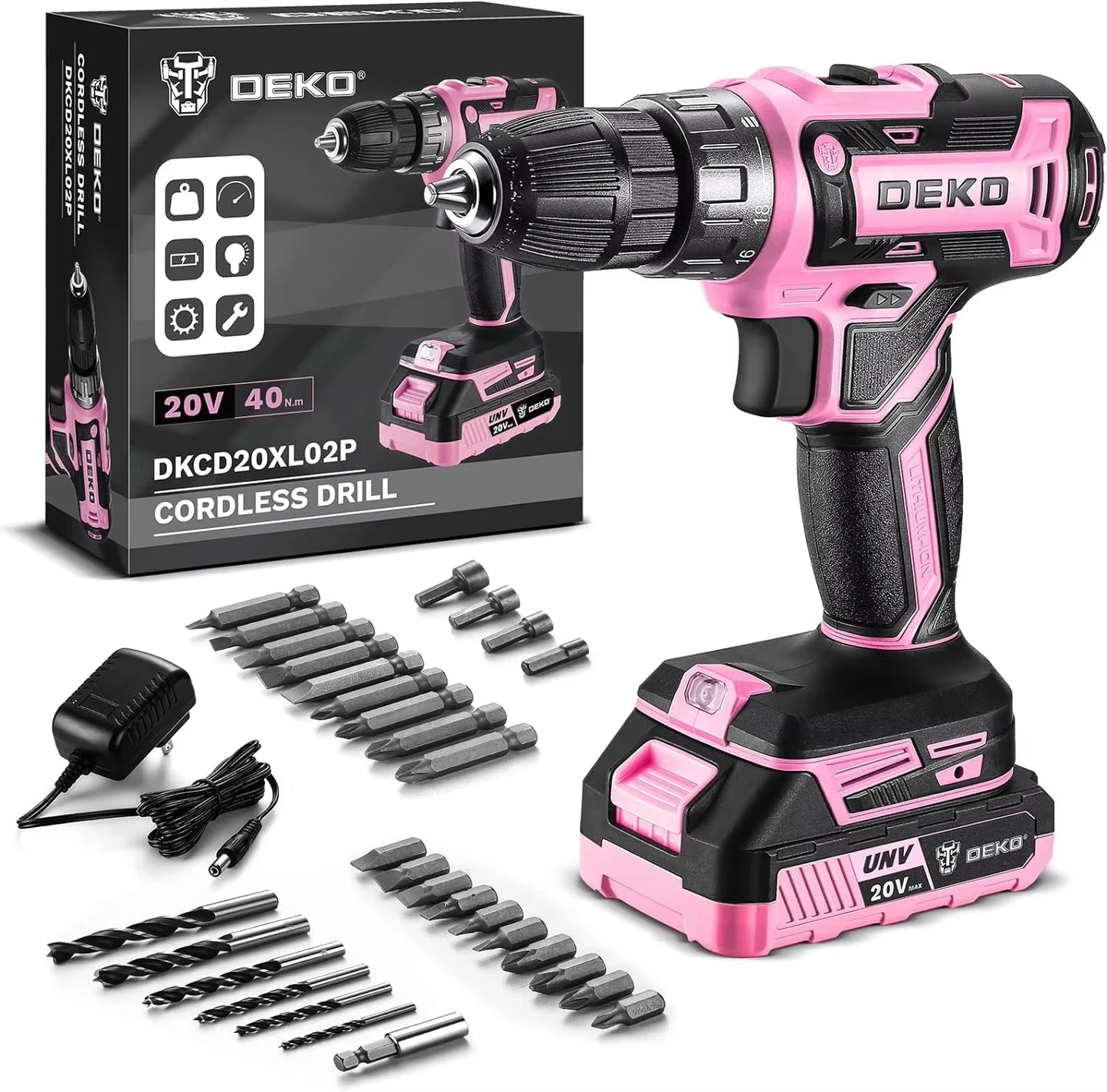 DEKO Cordless Drill 20V Electric Power Drill Set Drills Cordless with Battery and Charger Drill Driver Power Drill Cordless