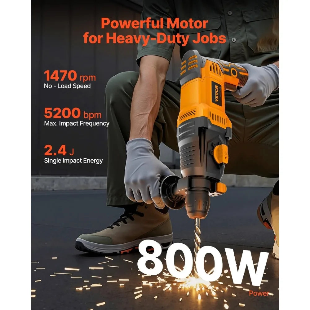 1 Inch SDS-Plus Rotary Hammer Drill, 8 Amp Corded, Heavy Duty Chipping Hammer with Safety Clutch for Electric Demolition