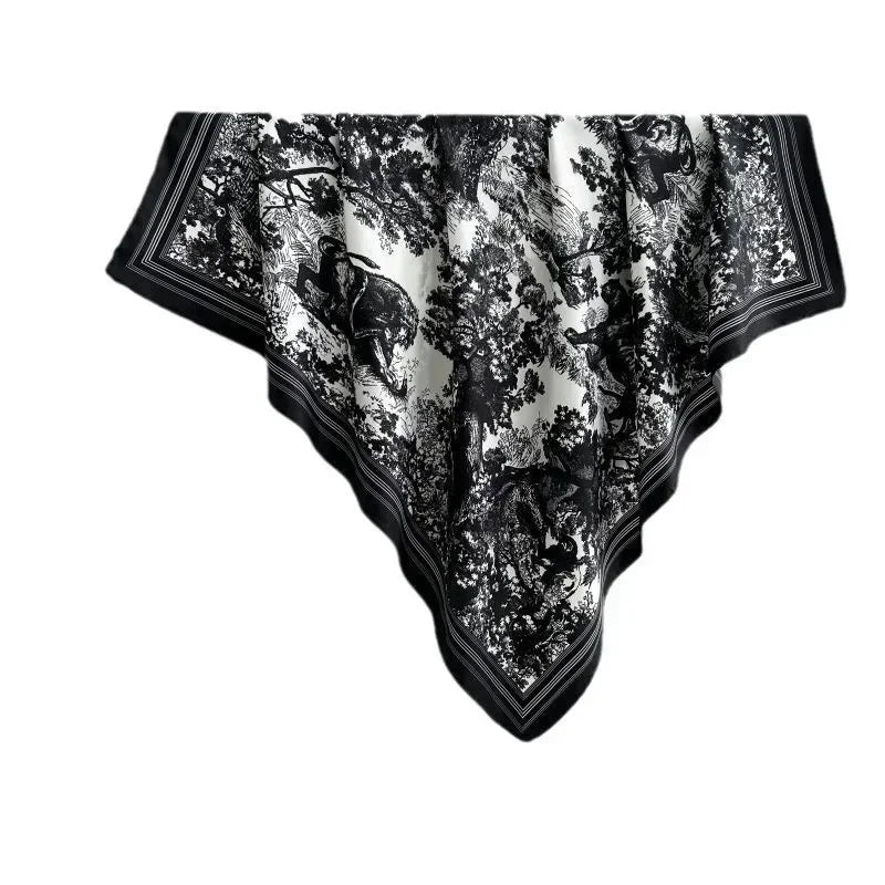 Autumn/Winter Cerulean Blue Green High-End Feel Silk Twill Scarf Women's Versatile Luxury Brand Printing Old Flower Design