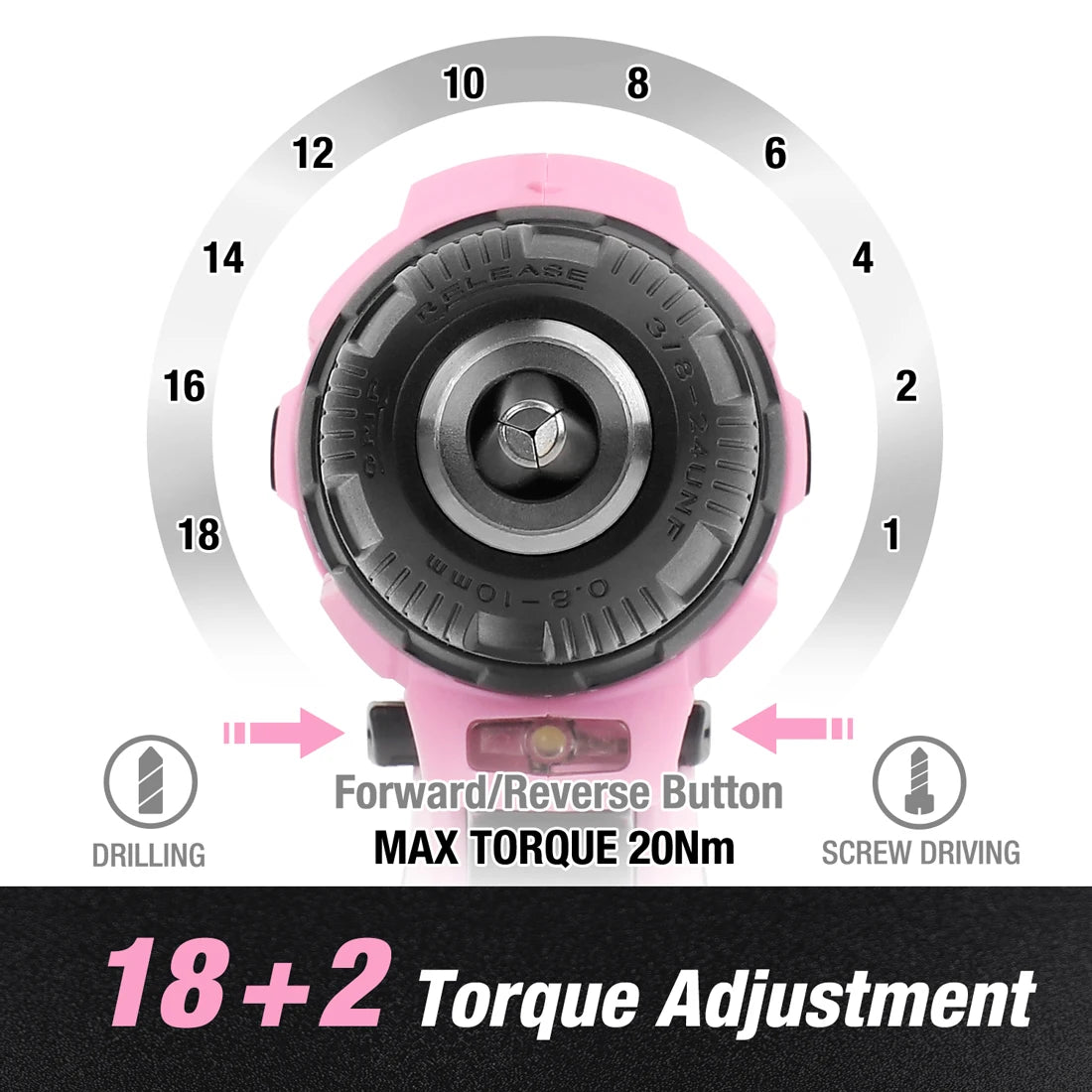 WORKPRO Pink Cordless Drill Driver Set, 12V Electric Screwdriver Driver Tool Kit, 3/8" Keyless Chuck