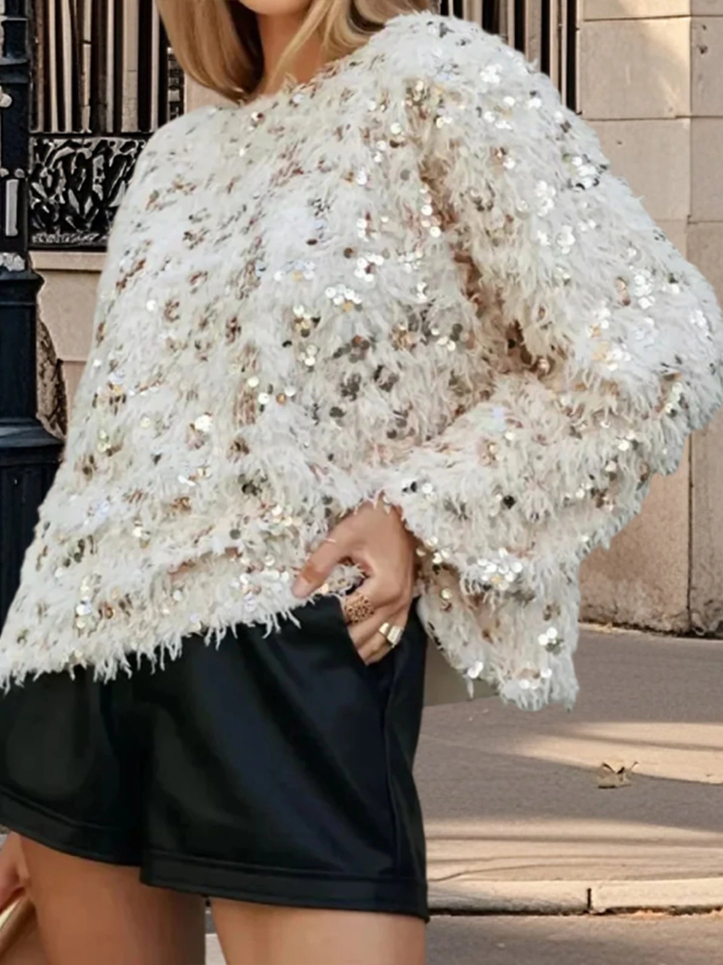 Women s Sparkly Sequin Sweater with Feather Tassel Detailing Cozy Crew Neck Long Sleeve Pullover for Stylish Winter and Fall