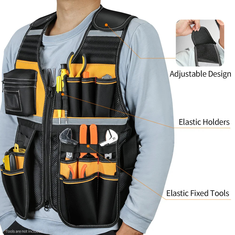 WINHUNT Tool Vest, Multi-Pocket Work Vest with Reflective Strips, Oxford Fabric Construction, Black and Yellow