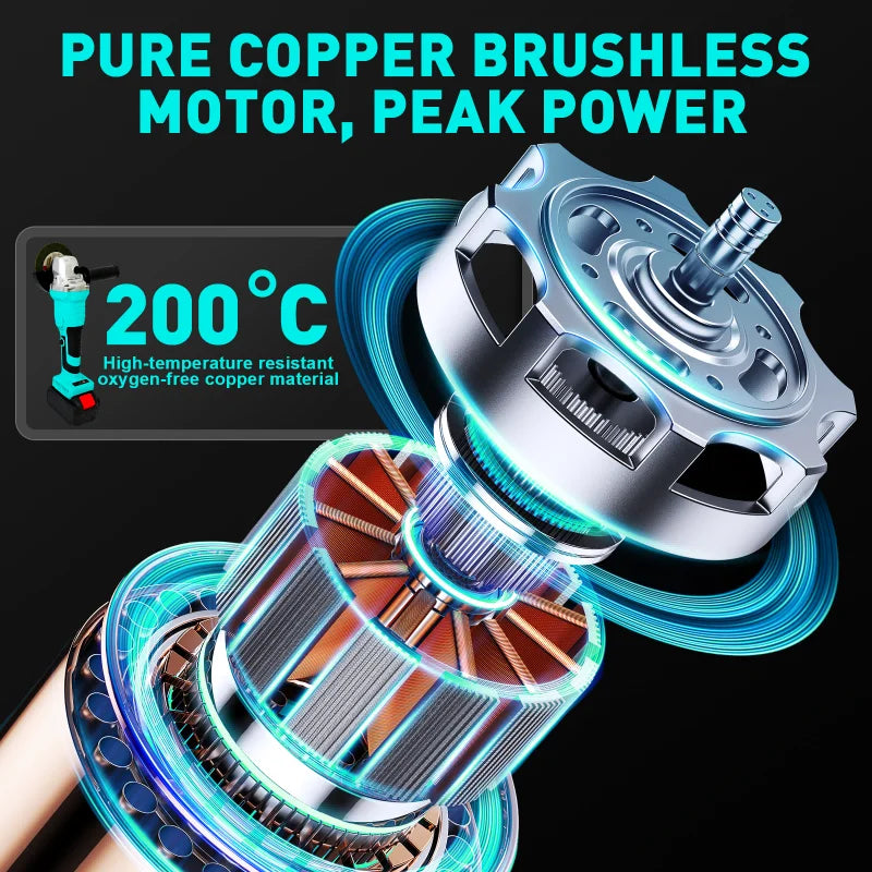 Cordless Angle Grinder Kit Electric Tool 4Inch 21V Brushless Power 9000r/min 2x1300mAh Lithium Batteries for Cutting Shaping