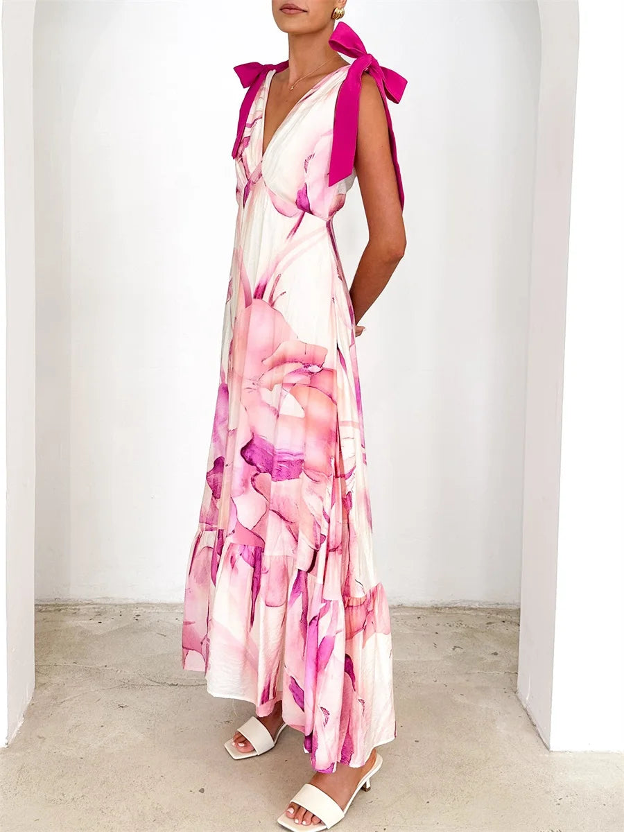 Elegant Floral Print Sleeveless V Neck Maxi Dress with Open Back and Spaghetti Straps for Women s Summer Fashion