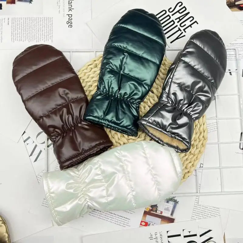 Women Winter Keep Warm Plus Cashmere Full Fingers Mittens Gloves Waterproof Glossy Surface Outdoor Cycling Skiing