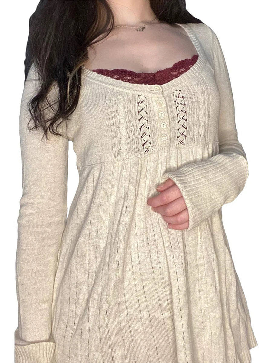 Elegant Women s Fall Knitwear Stylish Long Sleeve Tunic Sweater with Button Detail and Square Neckline