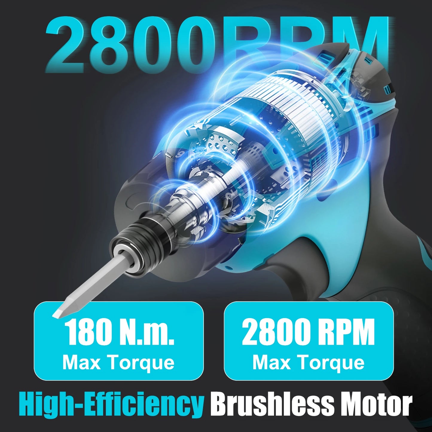 180N.m Electric Screwdriver Cordless Brushless Multi-Function 12V Drill/Driver Power Tools Two 1.3Ah Lithium-ion Batteries