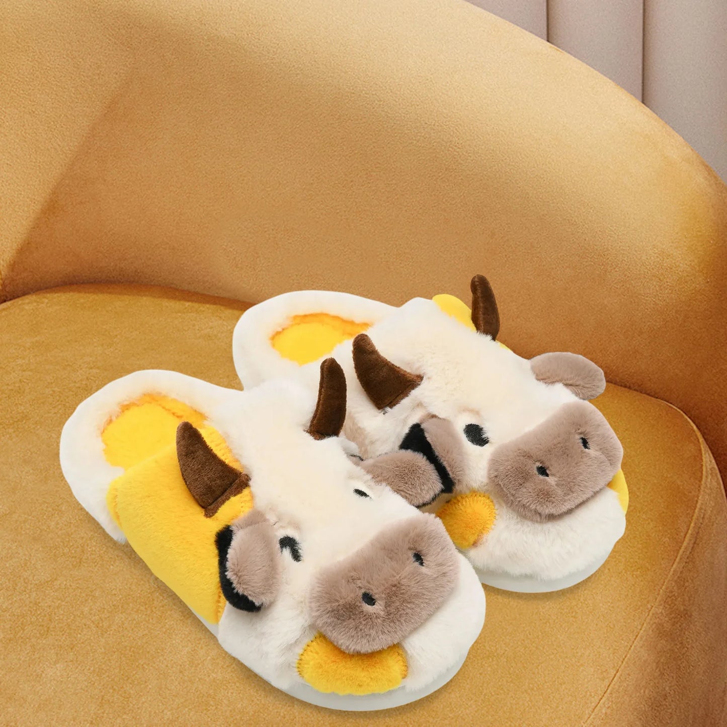 Fuzzy Cow Slippers for Women & Men, Couple's Warm Cartoon Cow Animals Slippers, Winter Cozy Fluffy Plush Slip On House Slippers