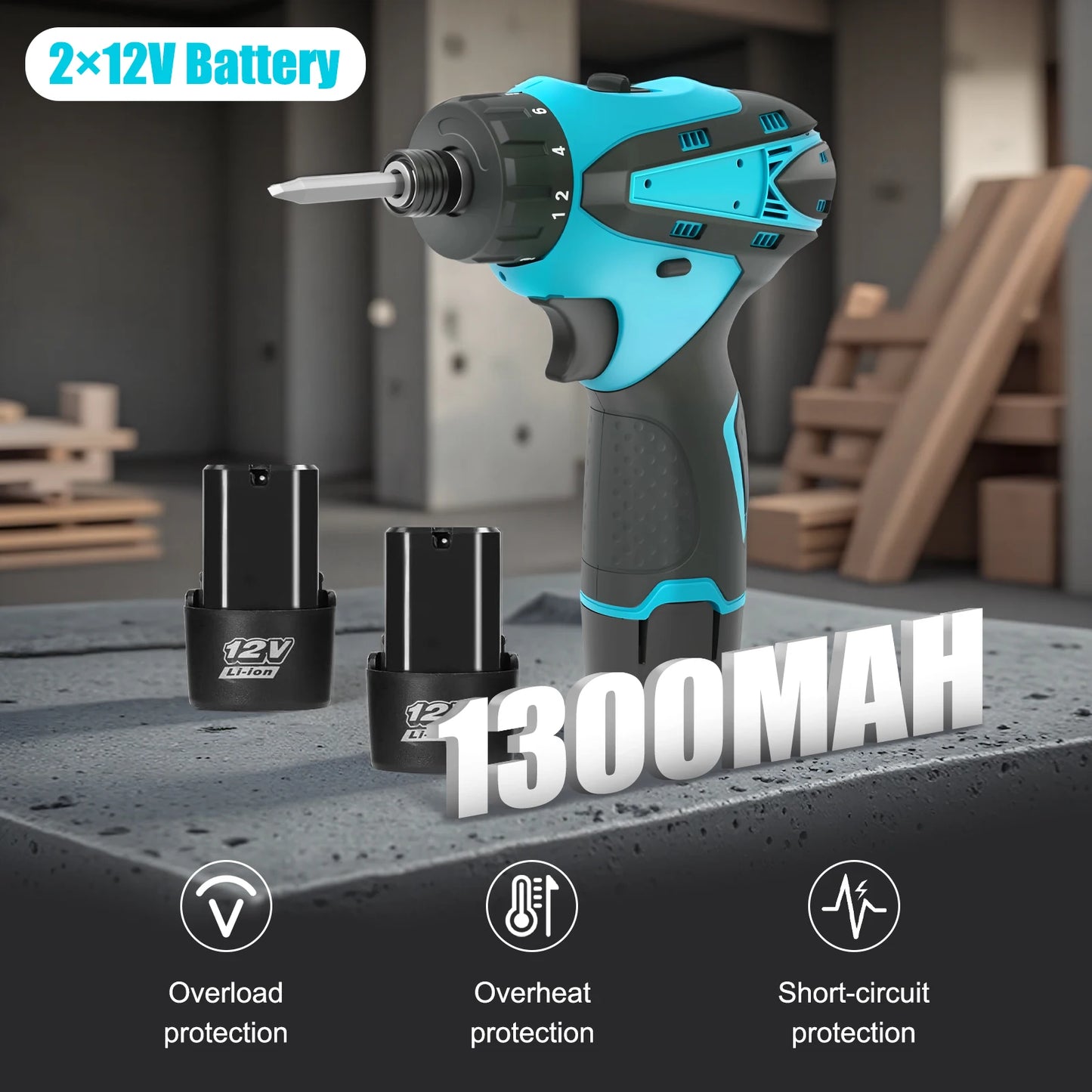 180N.m Electric Screwdriver Cordless Brushless Multi-Function 12V Drill/Driver Power Tools Two 1.3Ah Lithium-ion Batteries