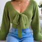 Women Y2K Bow Tie V Neck Bodycon Cropped Pullover Sweater Long Sleeve Fall Winter Solid Knit Top
