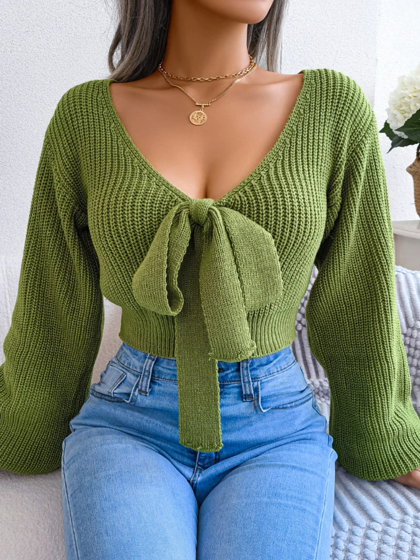Women Y2K Bow Tie V Neck Bodycon Cropped Pullover Sweater Long Sleeve Fall Winter Solid Knit Top