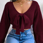 Women Y2K Bow Tie V Neck Bodycon Cropped Pullover Sweater Long Sleeve Fall Winter Solid Knit Top