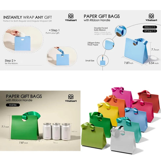 Bulk Reusable Paper Gift Bags With Ribbon Handles Set of 10 Assorted Colors for Birthday Parties Bridal Showers Christmas Gifts