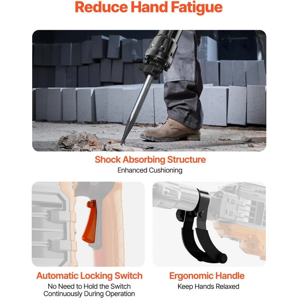 VEVOR 3500W Electric Demolition Hammer, 1900 BPM Durable Jack Hammer, Concrete Breaker with 2 Chisels, Gloves, and a 360° Rotata
