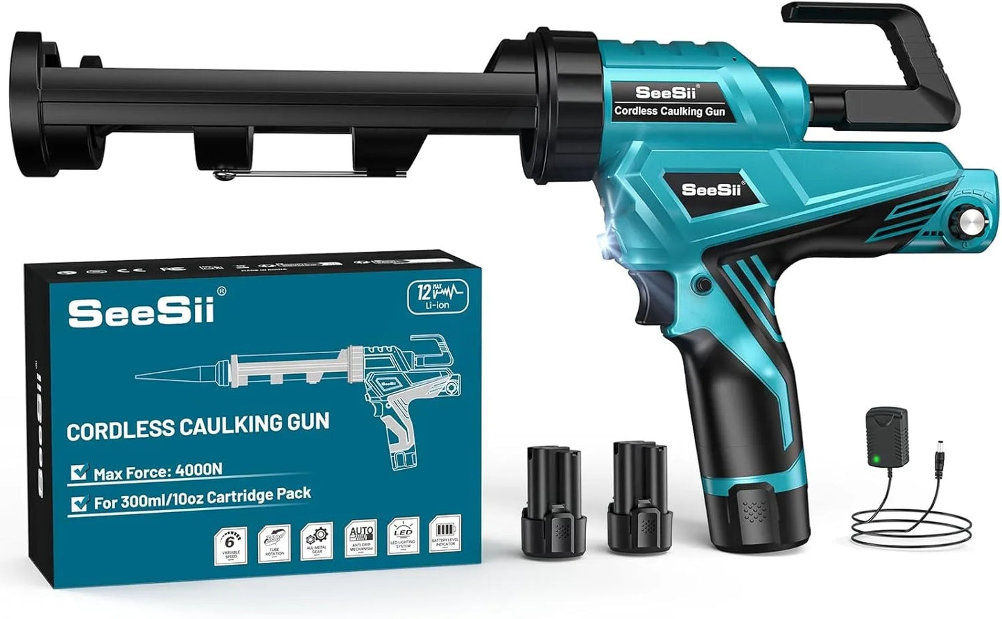 SEESII Electric Caulking Gun 10oz Cordless Caulking Gun 2pcs 2000mAh Battery 6 Adjustable Speeds Adhesive Gun Kit Power Tools