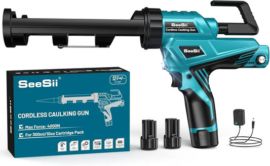 SEESII Electric Caulking Gun 10oz Cordless Caulking Gun 2pcs 2000mAh Battery 6 Adjustable Speeds Adhesive Gun Kit Power Tools