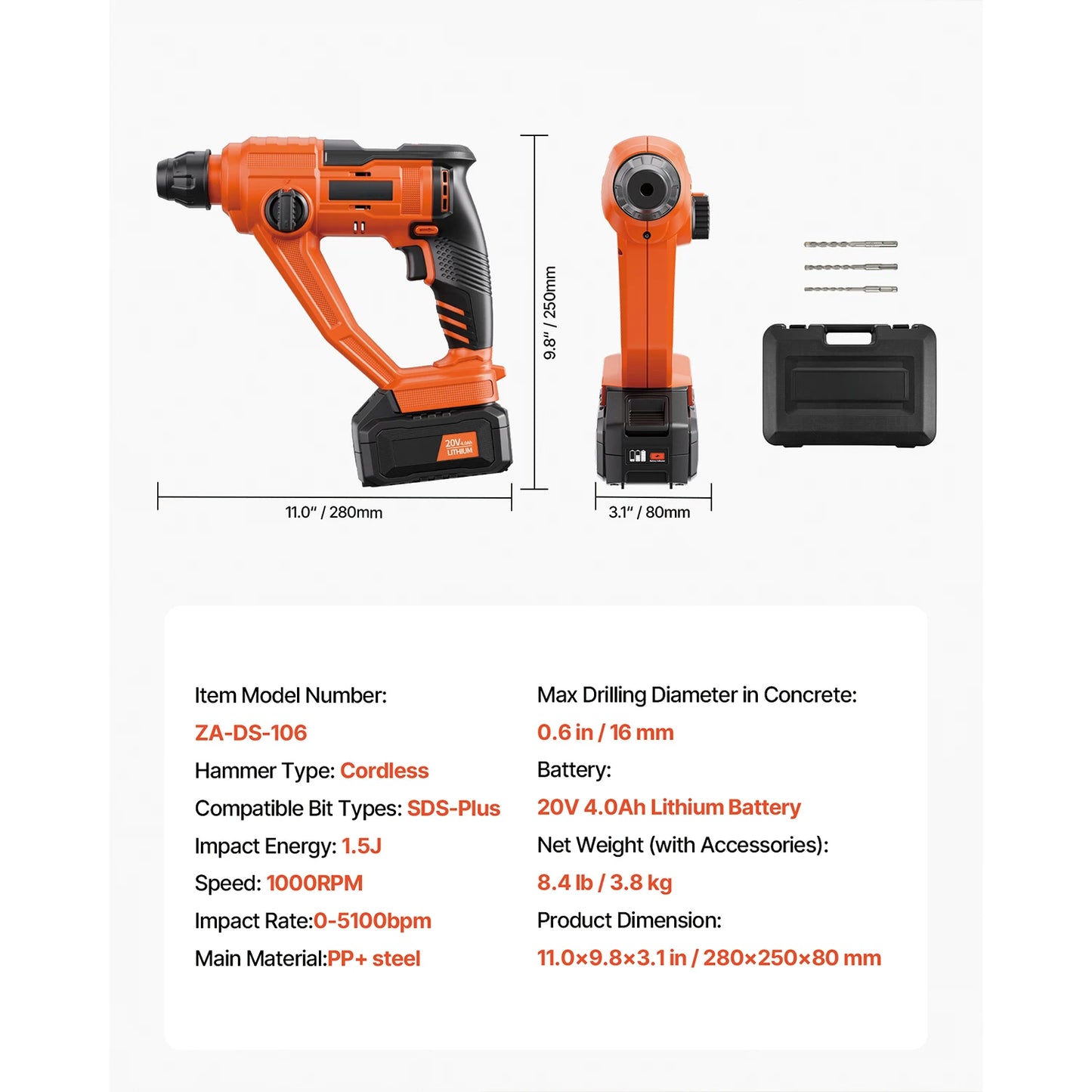 SucceBuy 20V Brushless Cordless Hammer Drill 26/28mm 1Inch Rotary Hammer Driver SDS-Plus Electric Lightweight Power Tool Kit