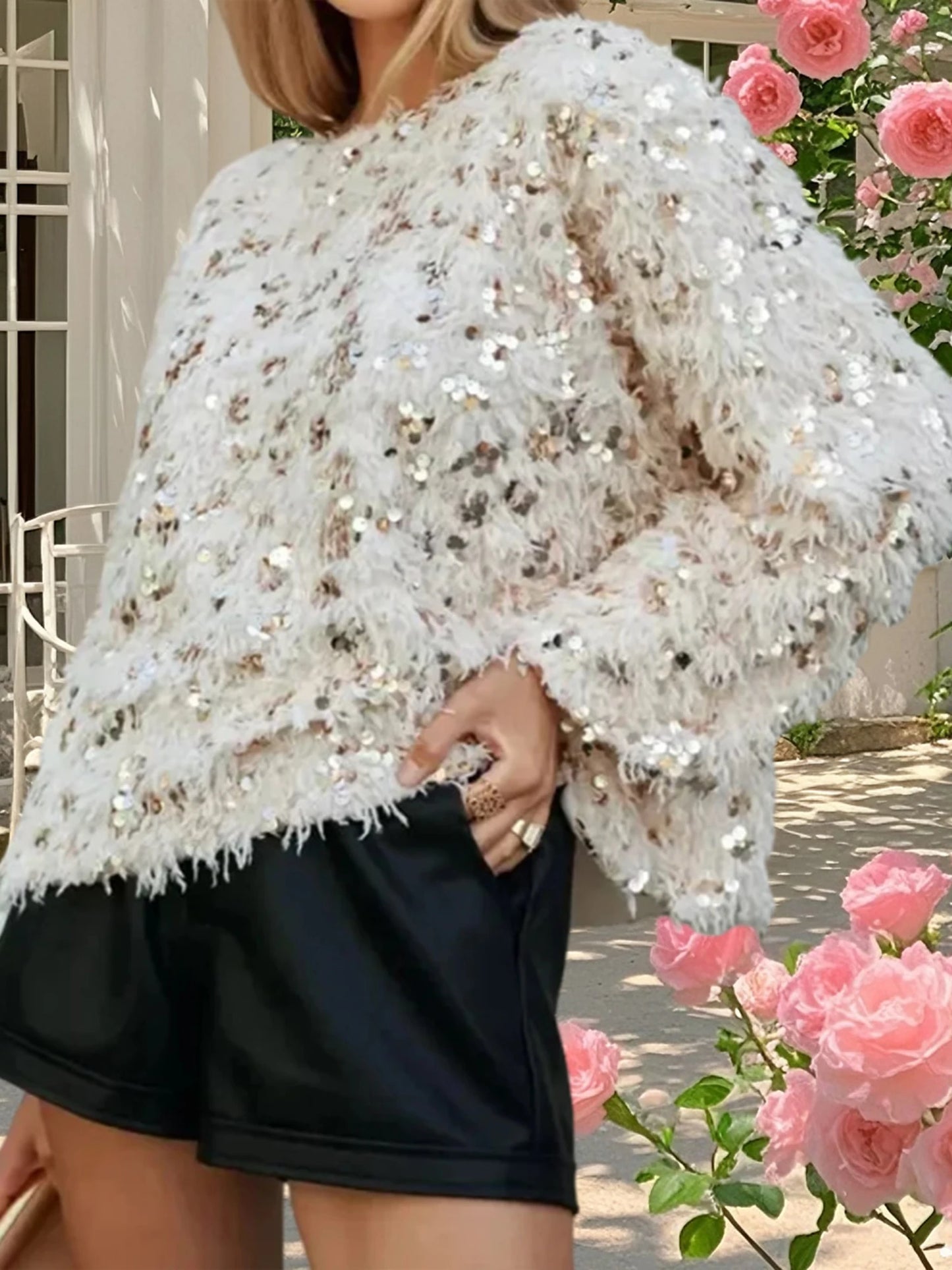 Women s Sparkly Sequin Sweater with Feather Tassel Detailing Cozy Crew Neck Long Sleeve Pullover for Stylish Winter and Fall