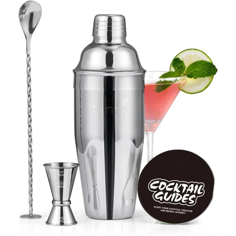 Cocktail Shaker 24oz Drink Shaker with Bartender Strainer, Measuring Jigger, Bar Mixing Spoon, Professional Drink Mixer Silver