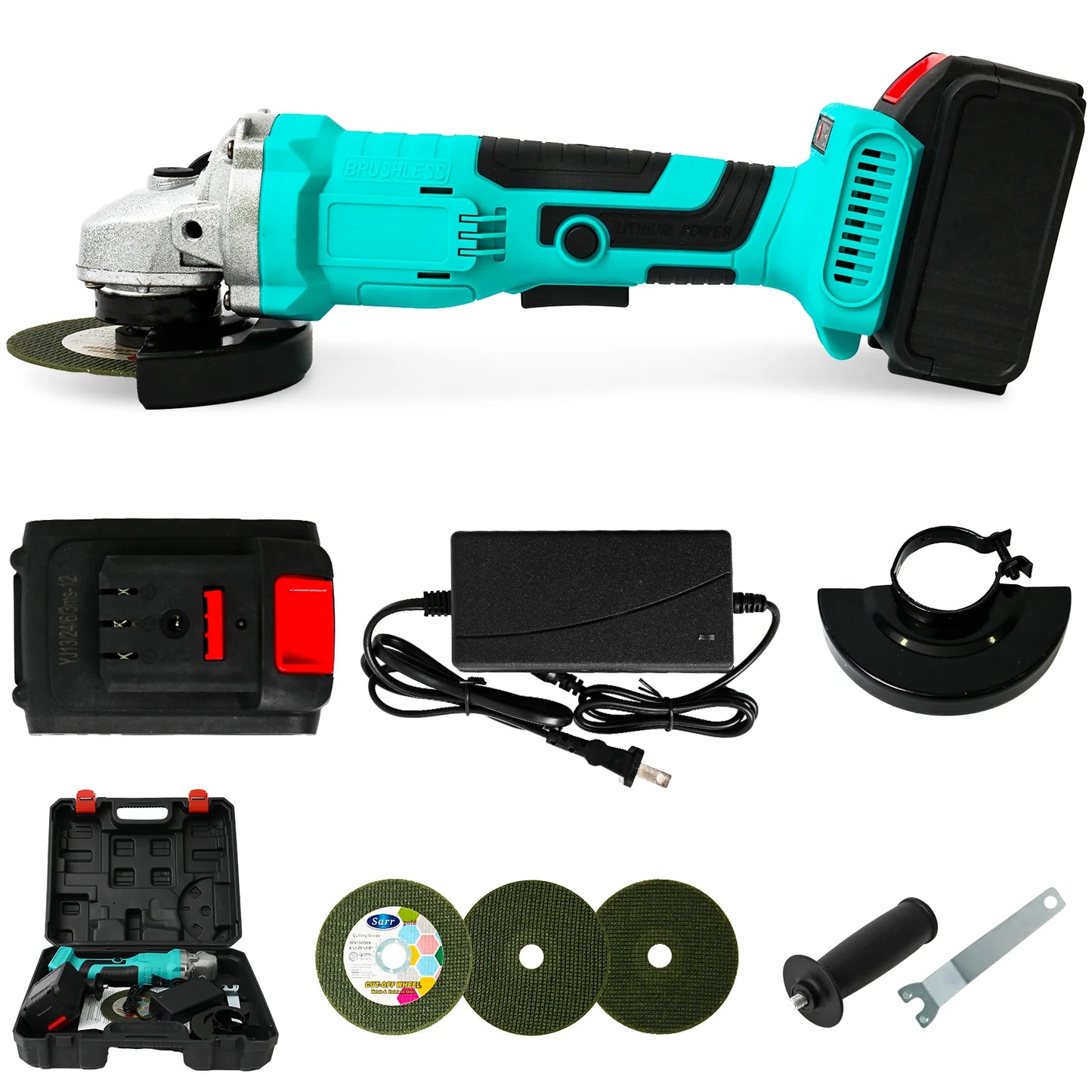 Cordless Angle Grinder Kit Brushless 2x21V-1300mAh Batteries Charger 2 Grinding Wheels 10 Cutting Discs for Cutting Polishing
