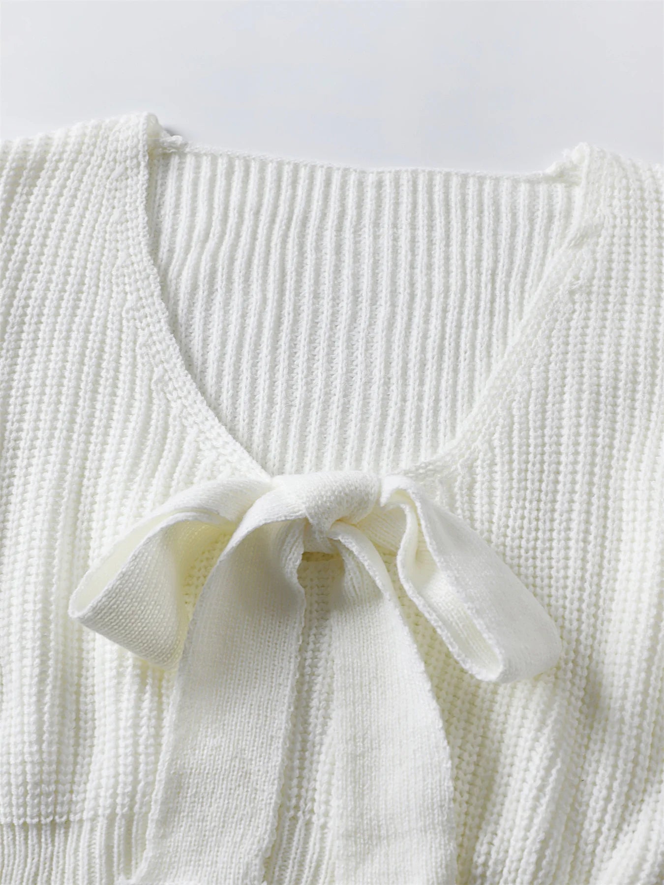 Women Y2K Bow Tie V Neck Bodycon Cropped Pullover Sweater Long Sleeve Fall Winter Solid Knit Top