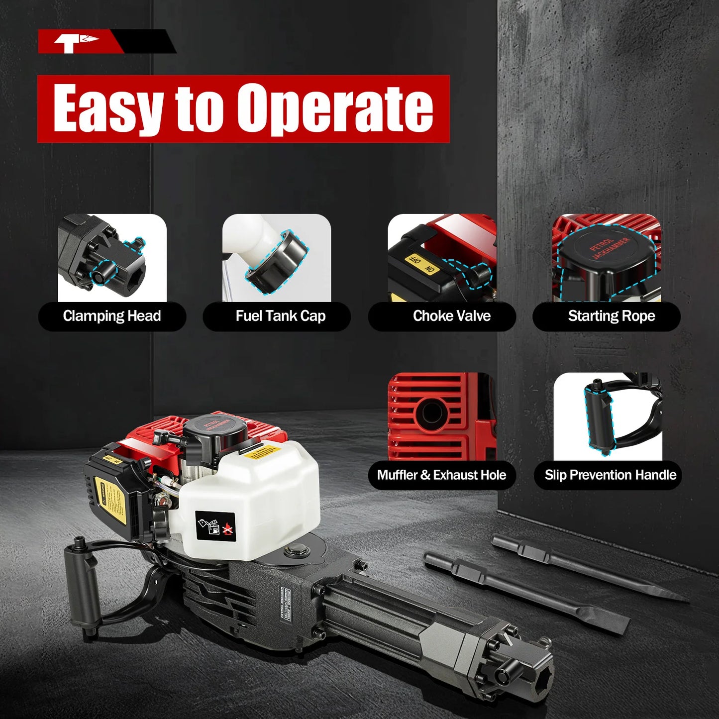 1900W 52CC Gasoline Power Demolition Jack Hammer 1500bpm Impact Frequency Concrete Breaker for Ground Slotting Rock Breaking