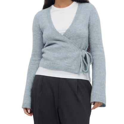 Women s V Neck Tie Front Wrap Cardigan Long Sleeve Crop Knit Sweater Casual Fall Clothes Solid Color Stylish Top