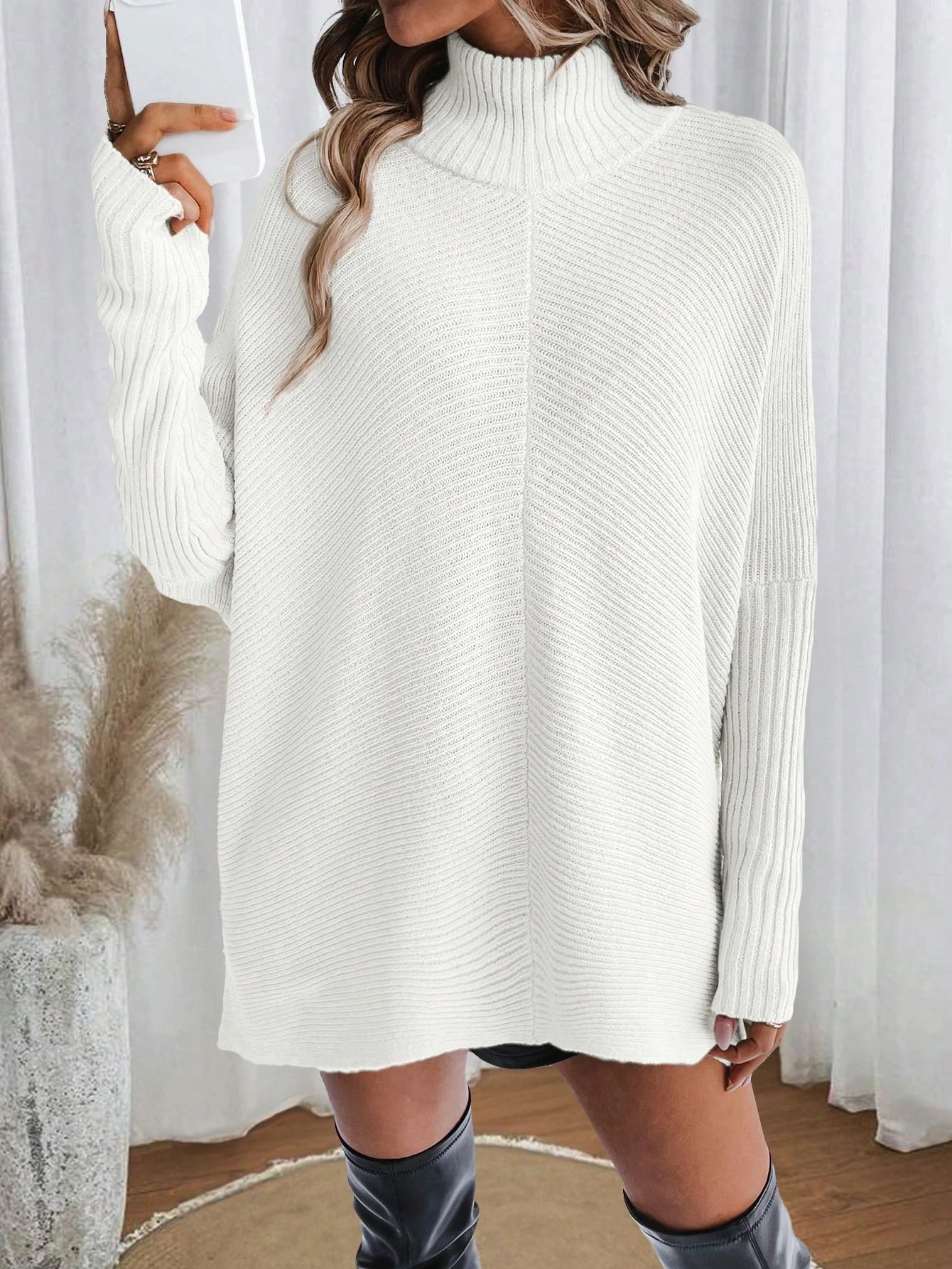 Autumn and Winter New Fashion Woman Sweater Irregular Hem Turtleneck Pullover Long Sleeve Knit Top
