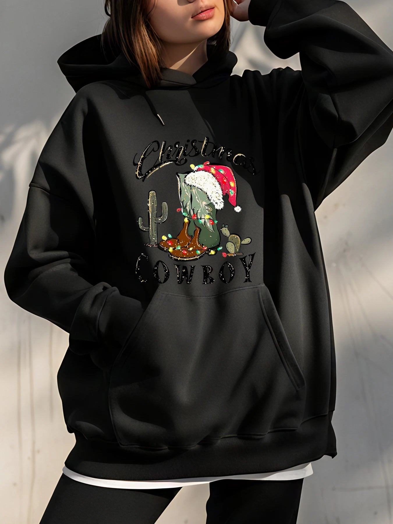 Christmas Cowboy Hoodie Cactus Santa Hat Print Unisex Sweatshirt Holiday Casual Wear for Men Women