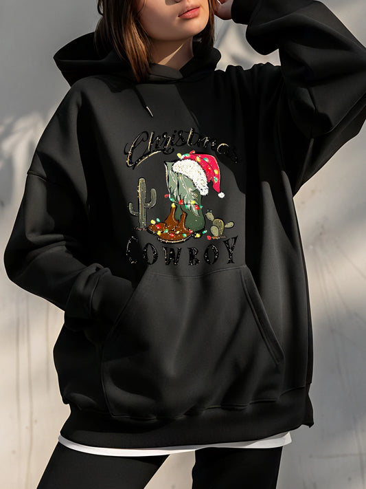 Christmas Cowboy Hoodie Cactus Santa Hat Print Unisex Sweatshirt Holiday Casual Wear for Men Women